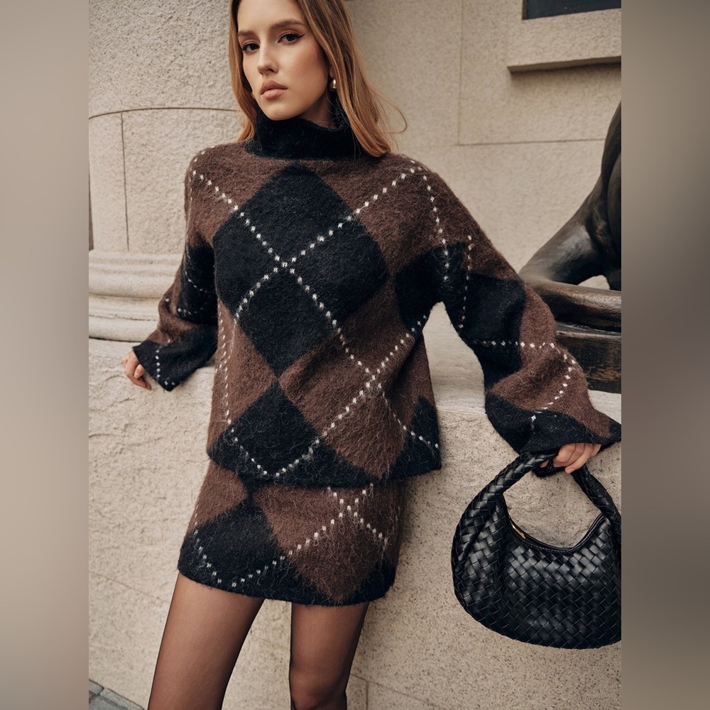 Commense Argyle Wool Blend Sweater/Mini Skirt Set XS Brown Knit 2 Piece Sold Out